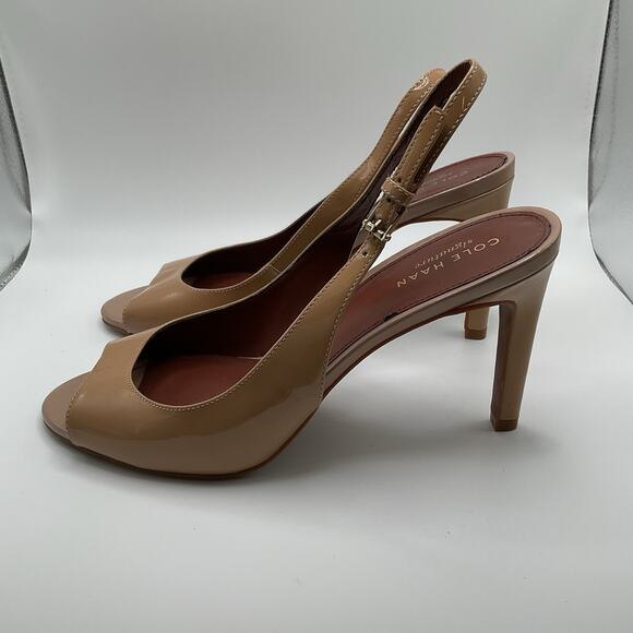 Cole Haan Shoes Heels Womens 8B Nude Tan Patent Leather Slingback Peep Toe - Picture 5 of 15
